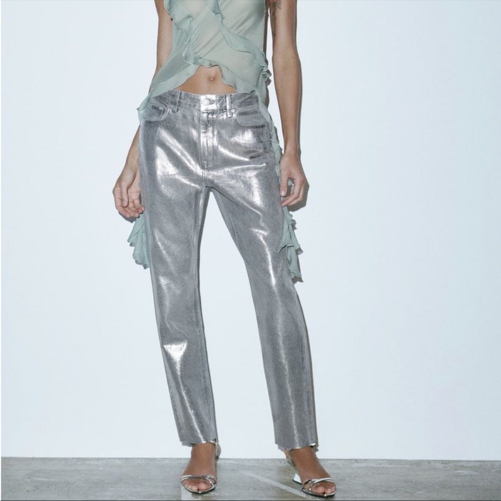 Zara NWT Viral Silver Coated High Rise Jeans Size 6 Sold Out Online Bloggers Fav